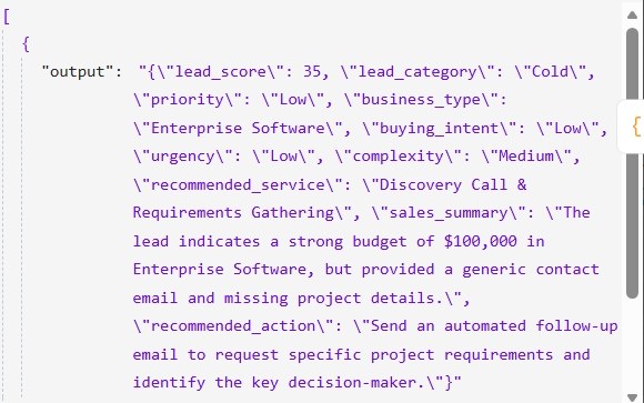 Sample structured JSON output from the lead qualification workflow